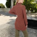 Brown Large Mock Neck Long Sleeve Ribbed Knit Tunic with Front Pockets