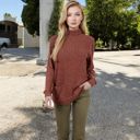 Brown Large Mock Neck Long Sleeve Ribbed Knit Tunic with Front Pockets