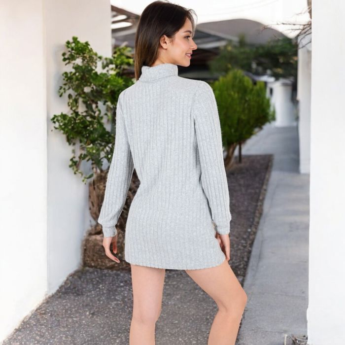 Mock Neck Long Sleeve Ribbed Knit Tunic with Front Pockets