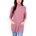 Pink Large Mock Neck Long Sleeve Ribbed Knit Tunic with Front Pockets