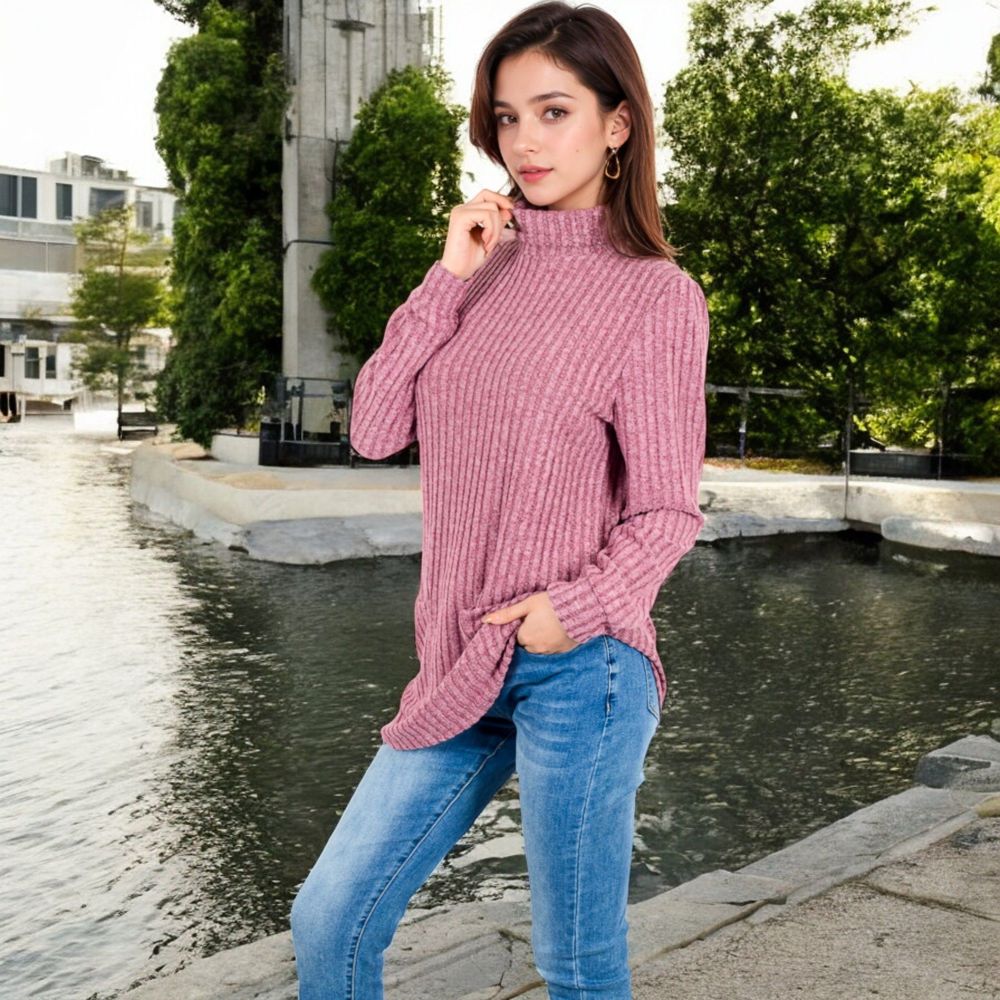 Mock Neck Long Sleeve Ribbed Knit Tunic with Front Pockets