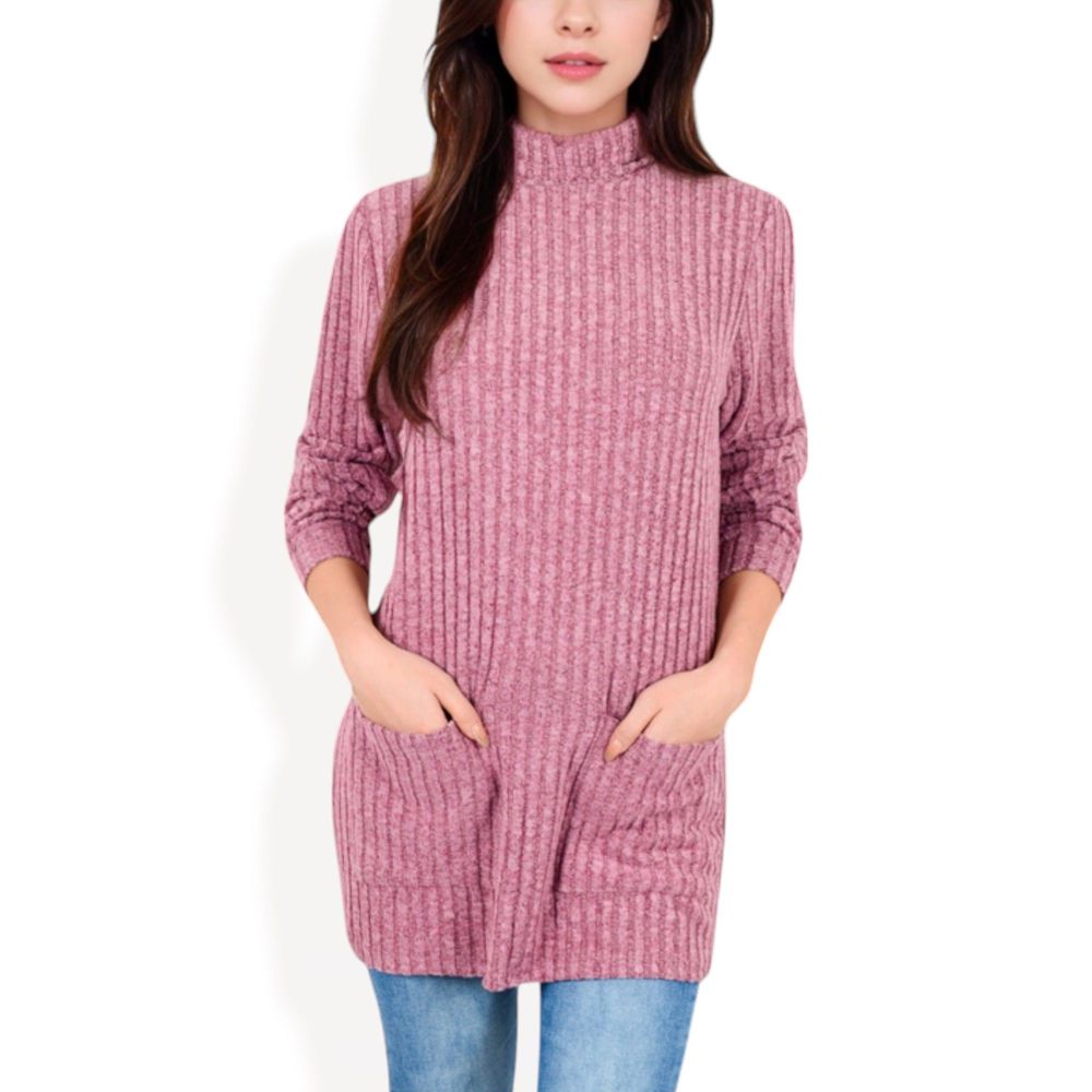 Mock Neck Long Sleeve Ribbed Knit Tunic with Front Pockets