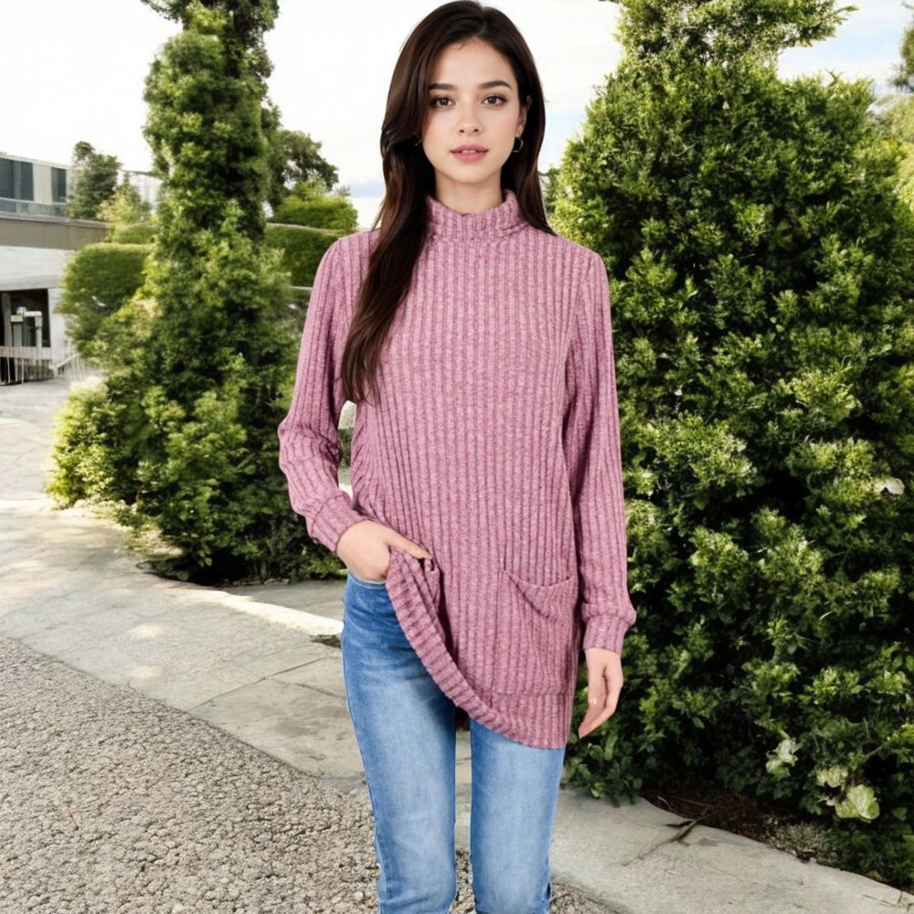 Mock Neck Long Sleeve Ribbed Knit Tunic with Front Pockets