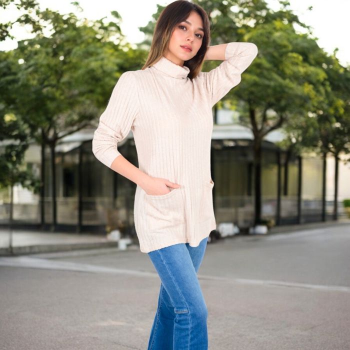 Women's Mock Neck Long Sleeve Ribbed Knit Tunic with Front Pockets