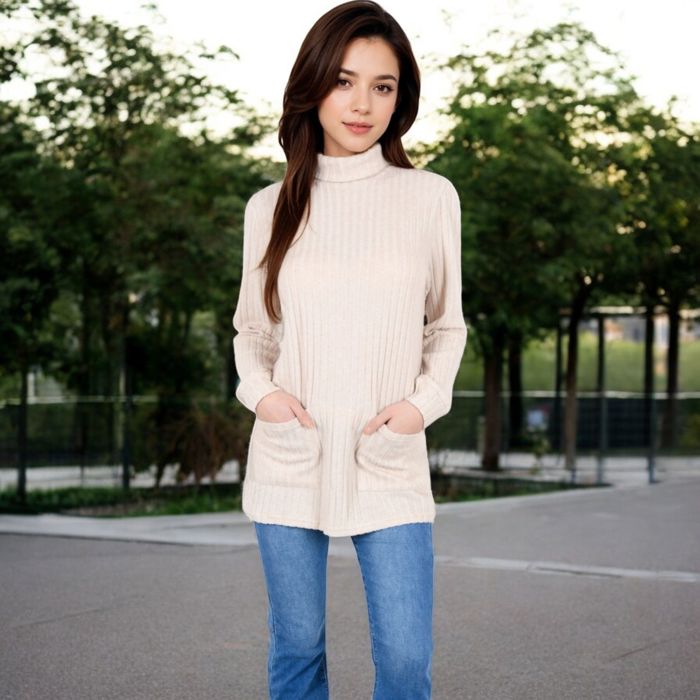 Women's Mock Neck Long Sleeve Ribbed Knit Tunic with Front Pockets