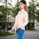 Beige Medium Women's Mock Neck Long Sleeve Ribbed Knit Tunic with Front Pockets