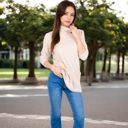 Beige Medium Women's Mock Neck Long Sleeve Ribbed Knit Tunic with Front Pockets