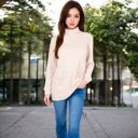 Beige Medium Women's Mock Neck Long Sleeve Ribbed Knit Tunic with Front Pockets
