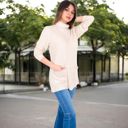 Beige Medium Women's Mock Neck Long Sleeve Ribbed Knit Tunic with Front Pockets