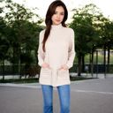 Beige Small Women's Mock Neck Long Sleeve Ribbed Knit Tunic with Front Pockets