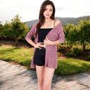 Purple Large Ribbed Open Front Cardigan with Long Sleeves and Side Pockets