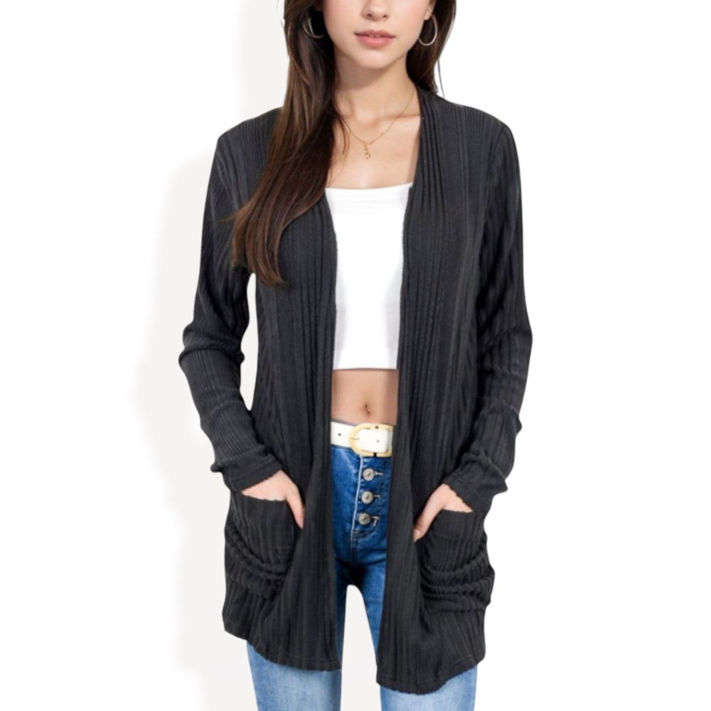 Open Front Ribbed Cardigan with Long Sleeves and Front Pockets