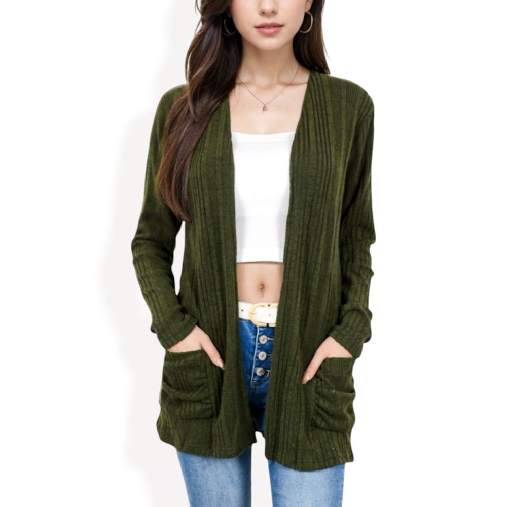 Open Front Ribbed Cardigan with Long Sleeves and Front Pockets