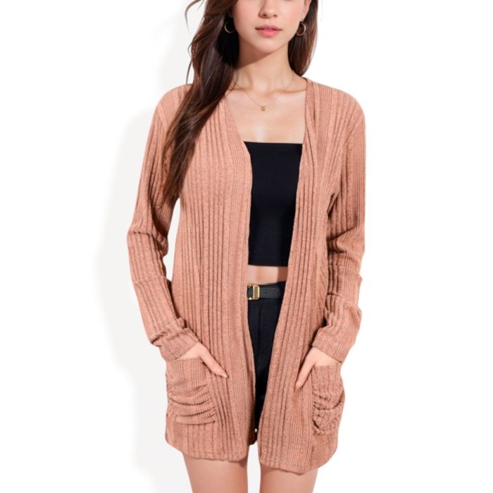 Open Front Ribbed Cardigan with Long Sleeves and Front Pockets