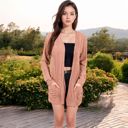 Pink Medium Open Front Ribbed Cardigan with Long Sleeves and Front Pockets