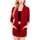 Red Large Open Front Ribbed Cardigan with Long Sleeves and Front Pockets