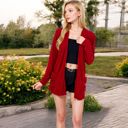 Red Large Open Front Ribbed Cardigan with Long Sleeves and Front Pockets