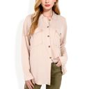 Beige Large Long Sleeve Button-Up Shirt with Chest Pockets and Textured Fabric