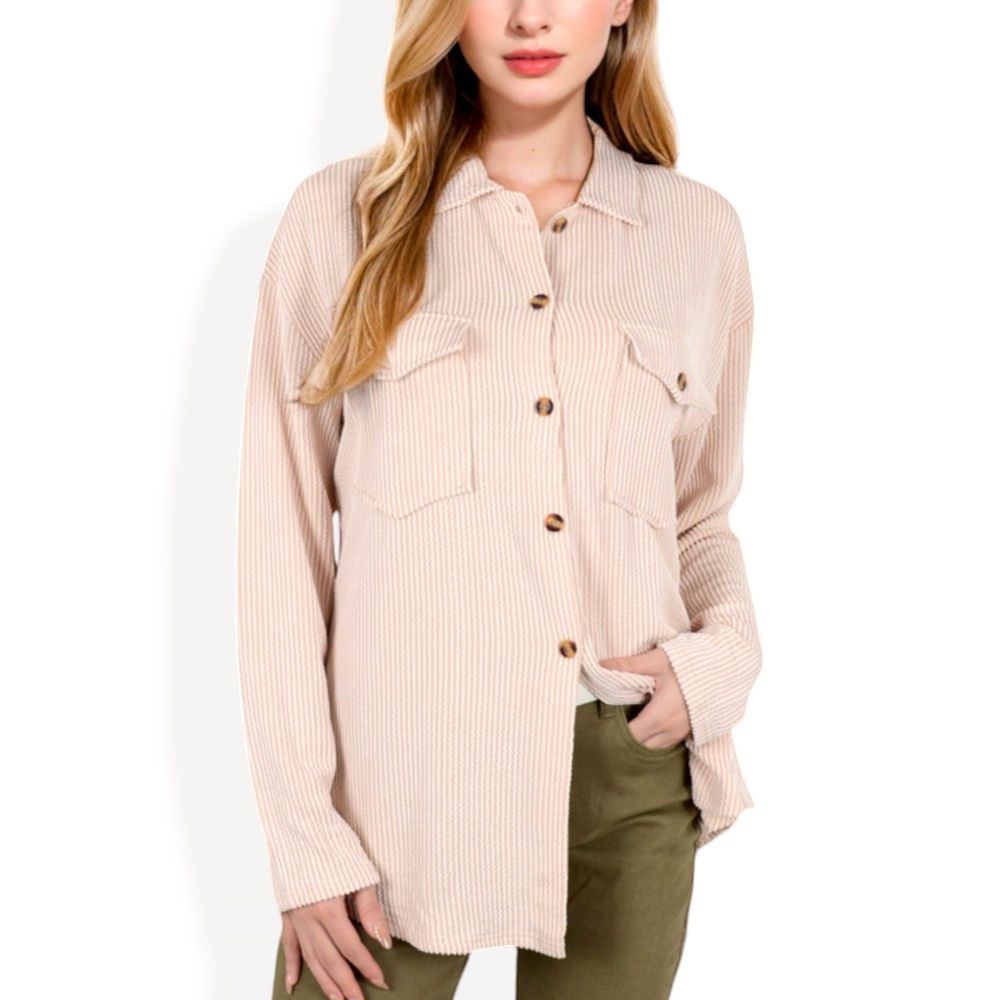 Long Sleeve Button-Up Shirt with Chest Pockets and Textured Fabric