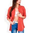 Red Large Long Sleeve Button-Up Shirt with Chest Pockets and Textured Fabric