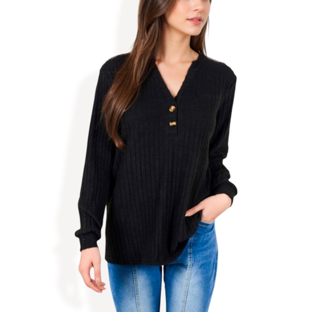 V-Neck Ribbed Knit Long Sleeve Top with Button Detail