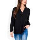 Black Large V-Neck Ribbed Knit Long Sleeve Top with Button Detail