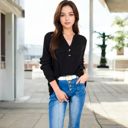 Black Large V-Neck Ribbed Knit Long Sleeve Top with Button Detail