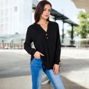 Black Large V-Neck Ribbed Knit Long Sleeve Top with Button Detail