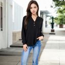 Black Large V-Neck Ribbed Knit Long Sleeve Top with Button Detail