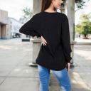 Black Large V-Neck Ribbed Knit Long Sleeve Top with Button Detail