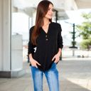 Black Large V-Neck Ribbed Knit Long Sleeve Top with Button Detail