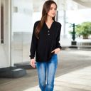 Black Large V-Neck Ribbed Knit Long Sleeve Top with Button Detail