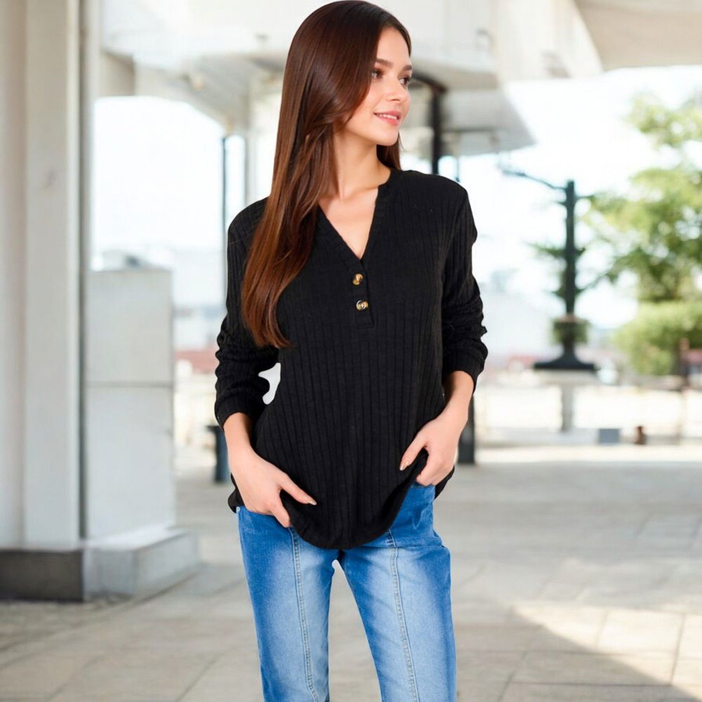 V-Neck Ribbed Knit Long Sleeve Top with Button Detail