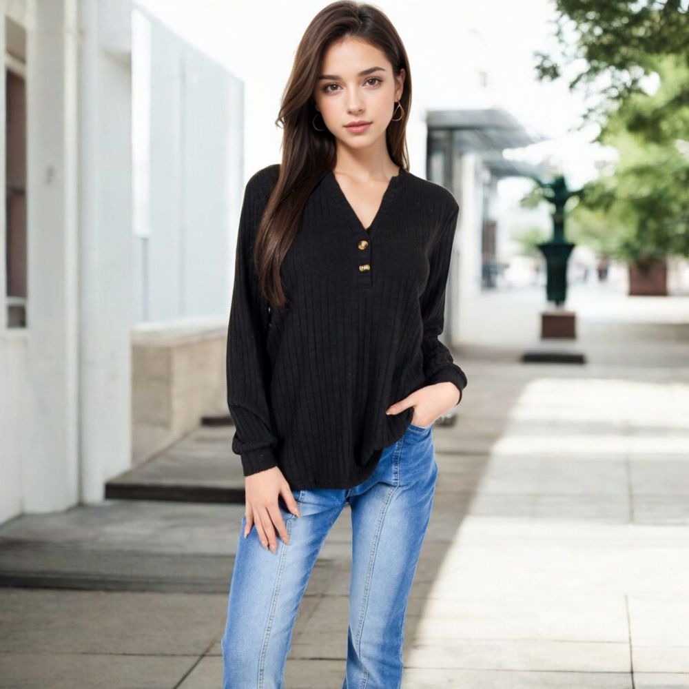 V-Neck Ribbed Knit Long Sleeve Top with Button Detail