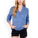 Blue Large V-Neck Ribbed Knit Long Sleeve Top with Button Detail