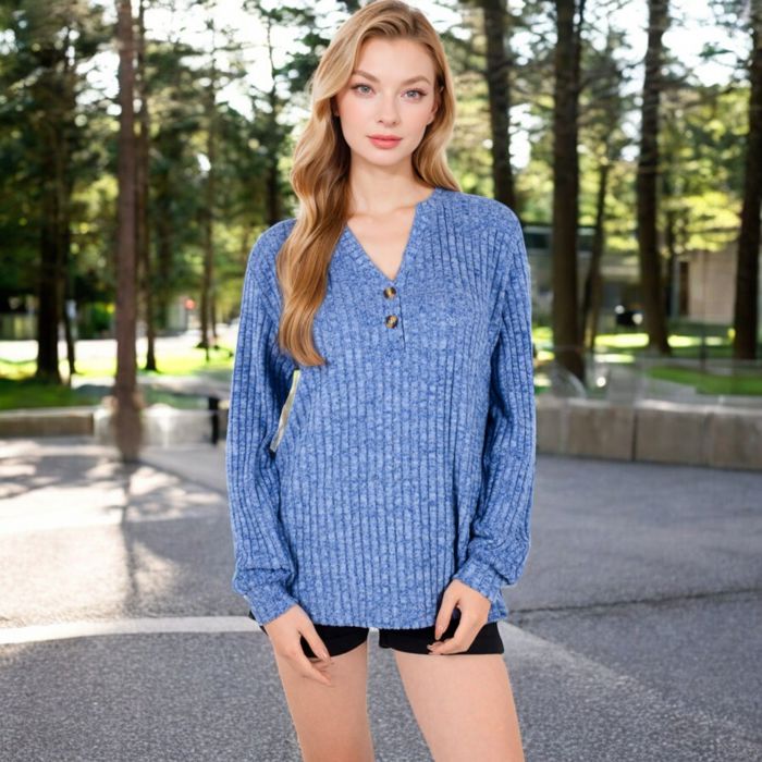 V-Neck Ribbed Knit Long Sleeve Top with Button Detail