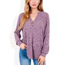 Purple Large V-Neck Ribbed Knit Long Sleeve Top with Button Detail