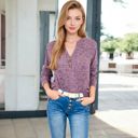 Purple Large V-Neck Ribbed Knit Long Sleeve Top with Button Detail