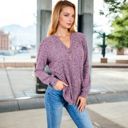 Purple Large V-Neck Ribbed Knit Long Sleeve Top with Button Detail