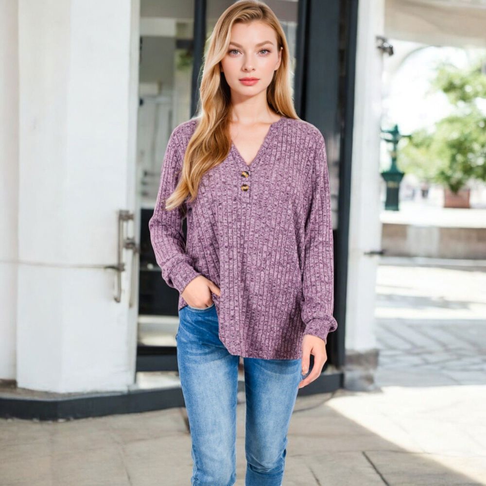 V-Neck Ribbed Knit Long Sleeve Top with Button Detail