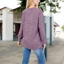 Purple Large V-Neck Ribbed Knit Long Sleeve Top with Button Detail