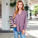 Purple Large V-Neck Ribbed Knit Long Sleeve Top with Button Detail