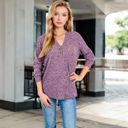 Purple Large V-Neck Ribbed Knit Long Sleeve Top with Button Detail