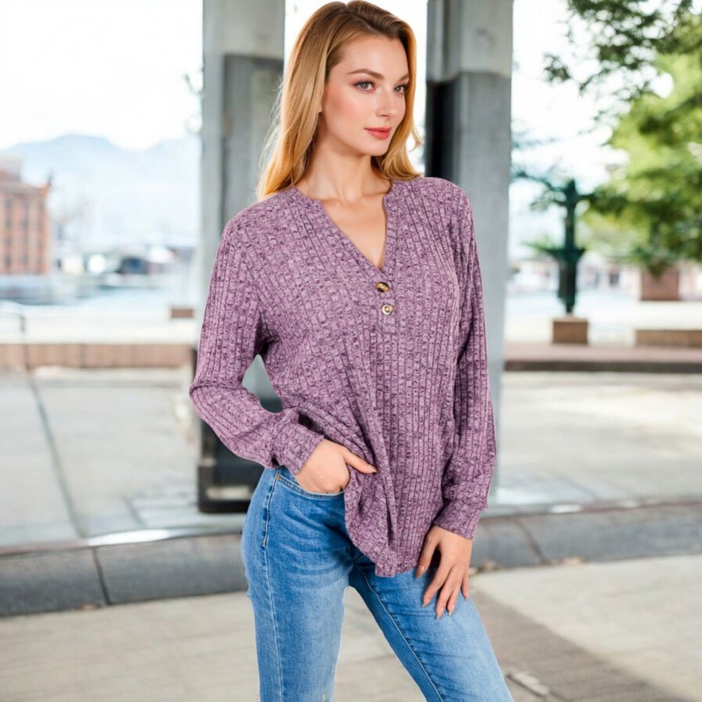 V-Neck Ribbed Knit Long Sleeve Top with Button Detail