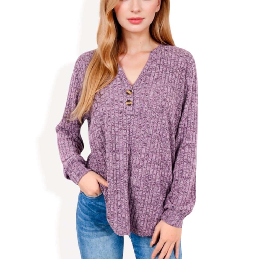 V-Neck Ribbed Knit Long Sleeve Top with Button Detail