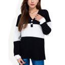 Black Large Color Block Ribbed Knit Top with Button Detail and V-Neckline