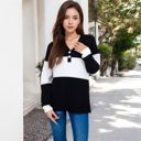 Black Large Color Block Ribbed Knit Top with Button Detail and V-Neckline