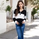 Black Large Color Block Ribbed Knit Top with Button Detail and V-Neckline