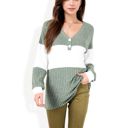 Green Large Color Block Ribbed Knit Top with Button Detail and V-Neckline