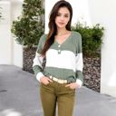 Green Large Color Block Ribbed Knit Top with Button Detail and V-Neckline